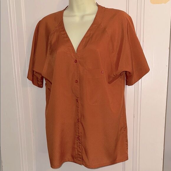 Vintage 70s/80s Irka Rust Orange Polyester Button-Up Short Sleeve Shirt - Picture 1 of 8